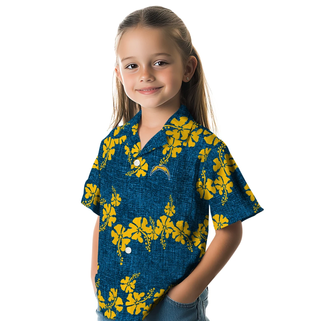 Los Angeles Chargers Hawaiian Shirt - 50th State Flower los angeles chargers hibiscus petals blue hawaiian shirts premium grade