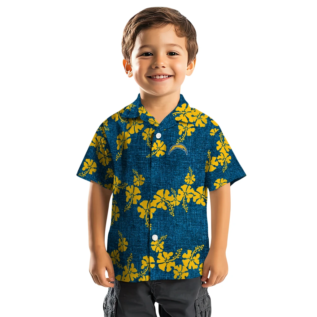 Los Angeles Chargers Hawaiian Shirt - 50th State Flower los angeles chargers hibiscus petals blue hawaiian shirts top rated