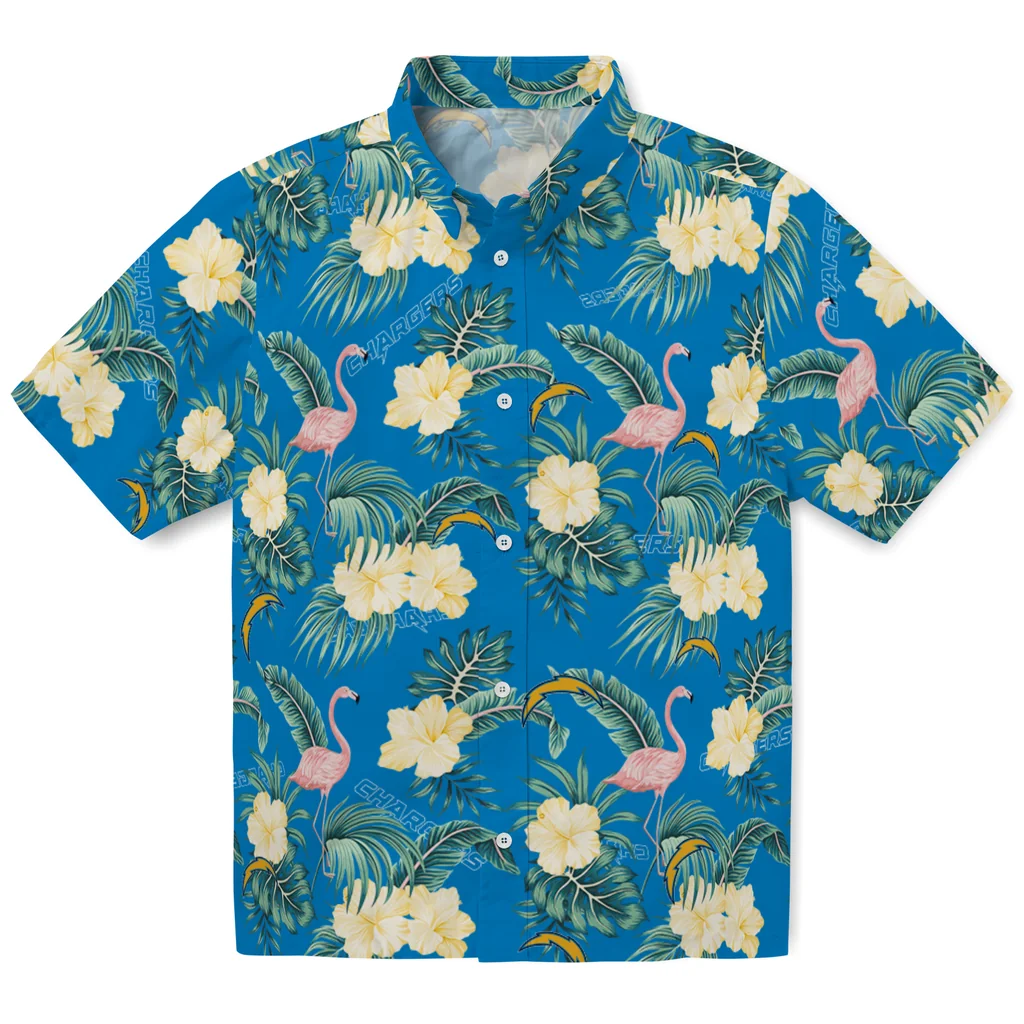 Los Angeles Chargers Hawaiian Shirt - Flamingo and Hibiscus los angeles chargers flamingo palms blue hawaiian shirts best selling