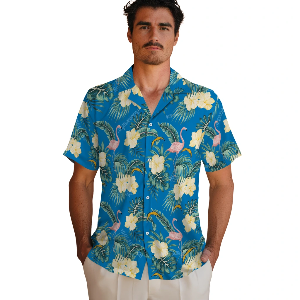 Los Angeles Chargers Hawaiian Shirt - Flamingo and Hibiscus los angeles chargers flamingo palms blue hawaiian shirts fashion forward