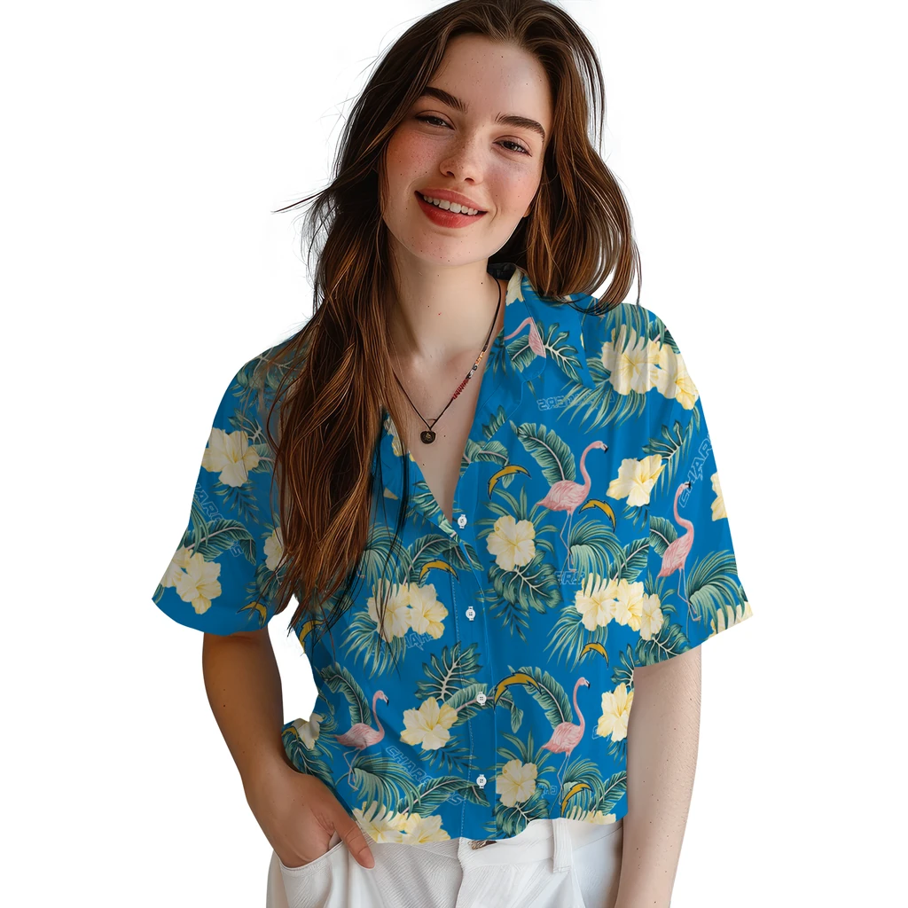 Los Angeles Chargers Hawaiian Shirt - Flamingo and Hibiscus los angeles chargers flamingo palms blue hawaiian shirts latest model