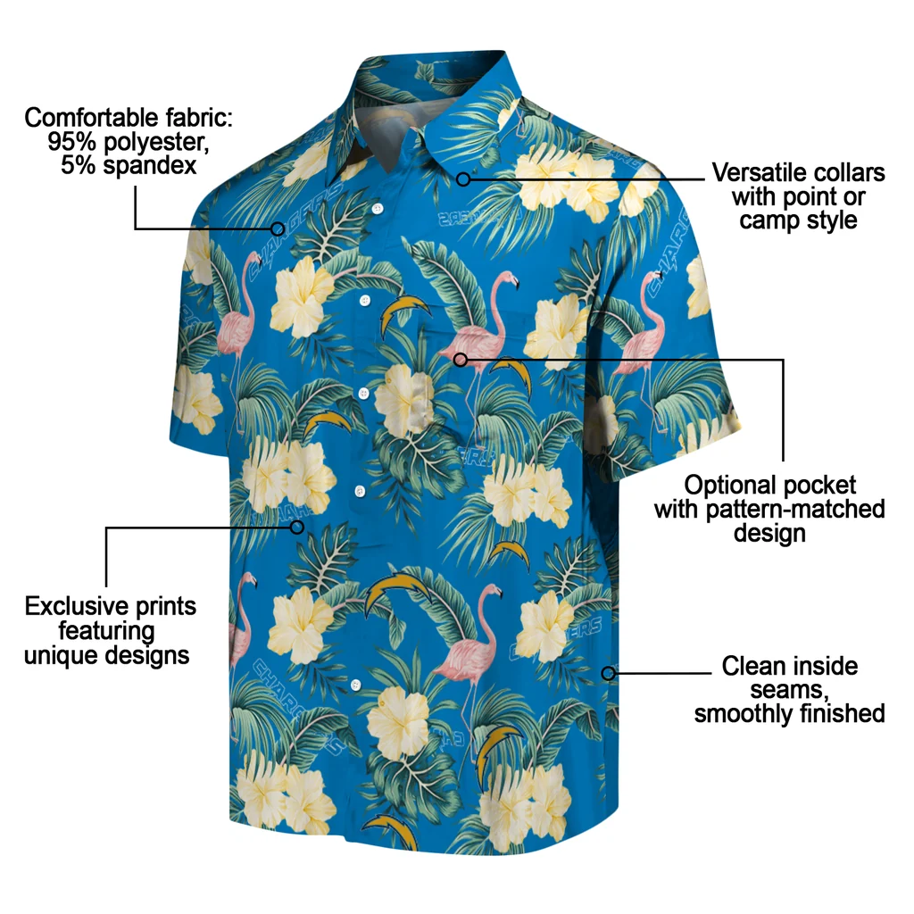 Los Angeles Chargers Hawaiian Shirt - Flamingo and Hibiscus los angeles chargers flamingo palms blue hawaiian shirts new arrival
