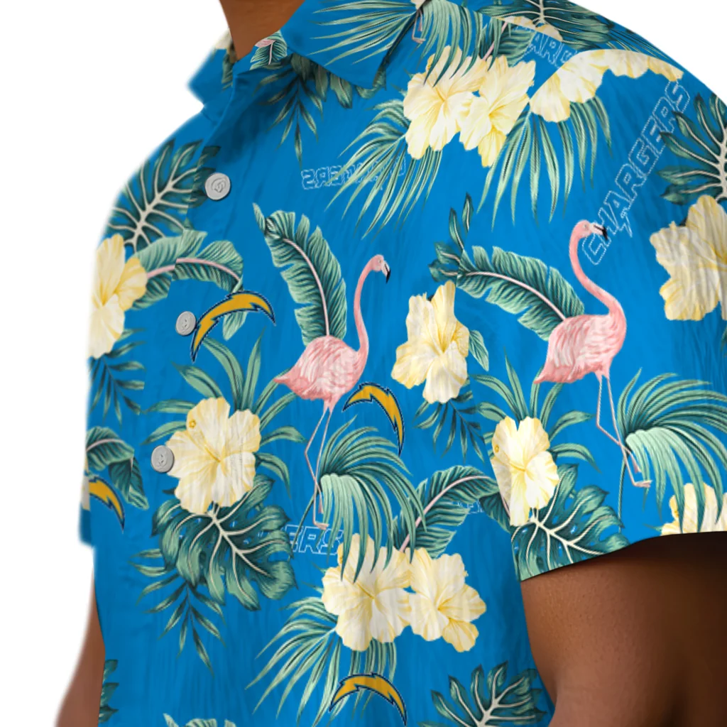 Los Angeles Chargers Hawaiian Shirt - Flamingo and Hibiscus los angeles chargers flamingo palms blue hawaiian shirts trendy