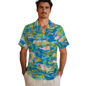 los angeles chargers flamingo retreat blue hawaiian shirts fashion forward