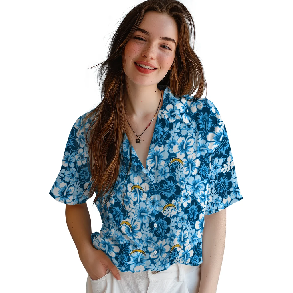 Los Angeles Chargers Hawaiian Shirt - Hibiscus Blooms los angeles chargers hibiscus blooms blue hawaiian shirts latest model