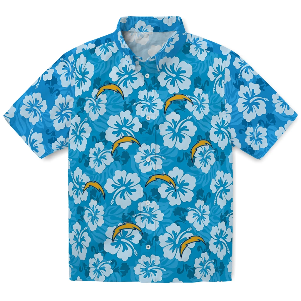 Los Angeles Chargers Hawaiian Shirt - Hibiscus Cluster los angeles chargers hibiscus cluster blue hawaiian shirts best selling