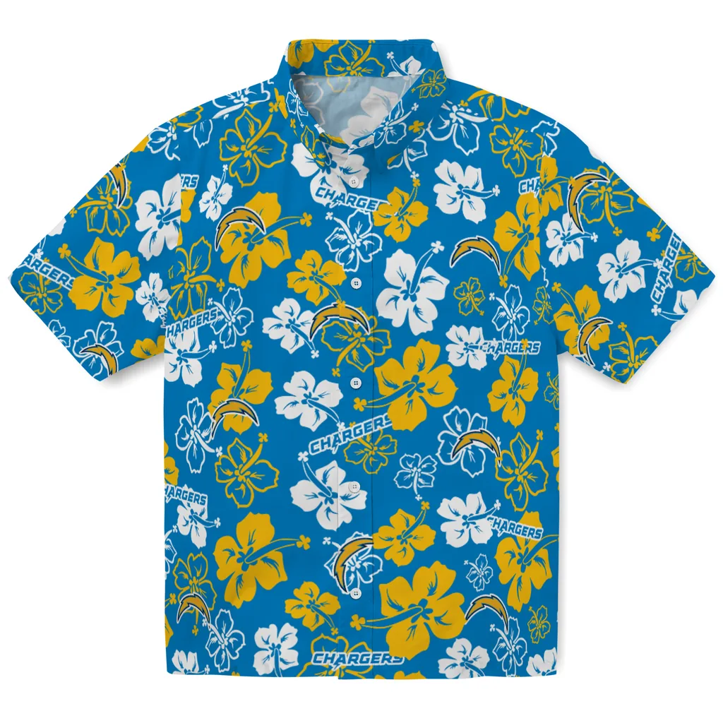 Los Angeles Chargers Hawaiian Shirt - Hibiscus Flower Design los angeles chargers hibiscus bloom blue hawaiian shirts best selling