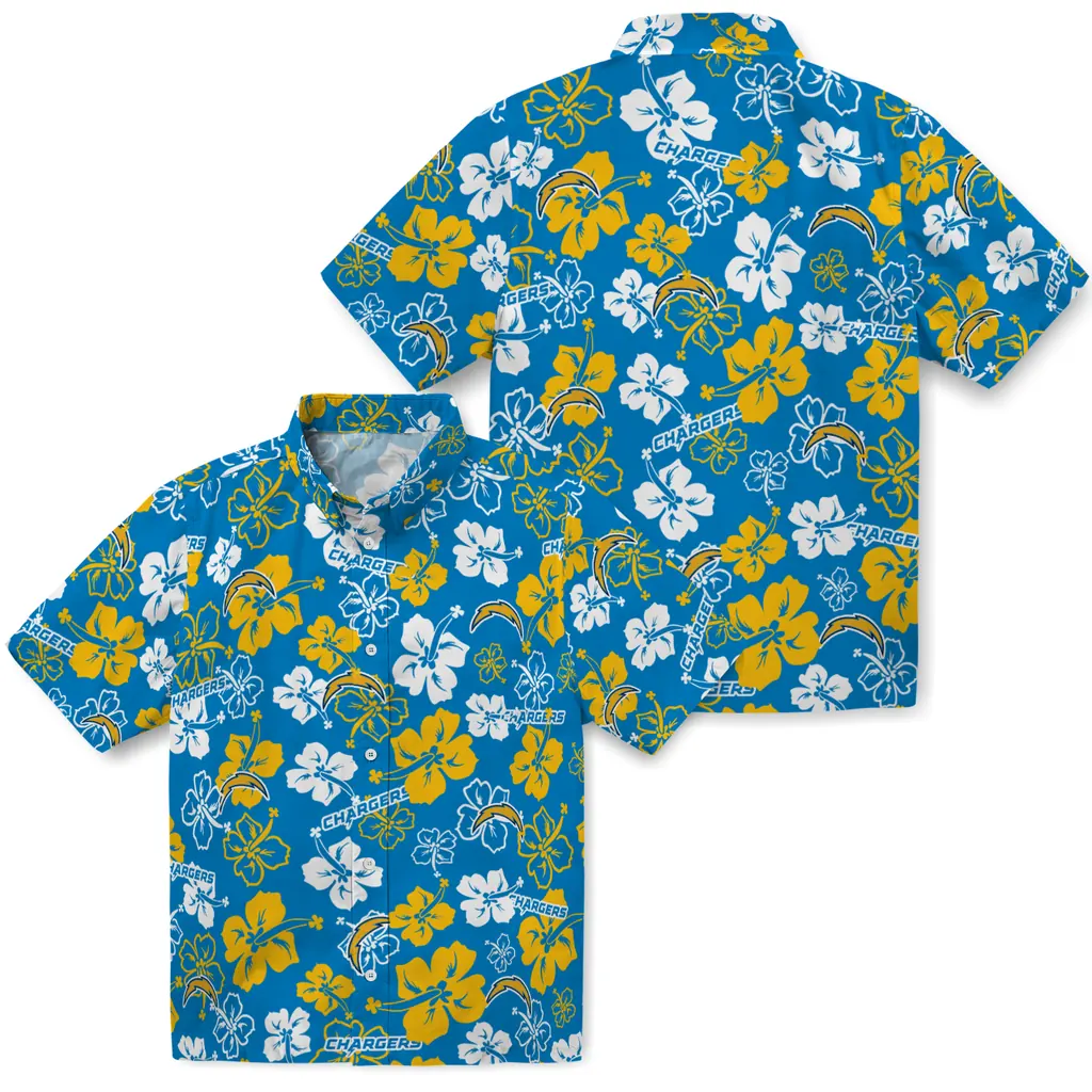 Los Angeles Chargers Hawaiian Shirt - Hibiscus Flower Design los angeles chargers hibiscus bloom blue hawaiian shirts high quality