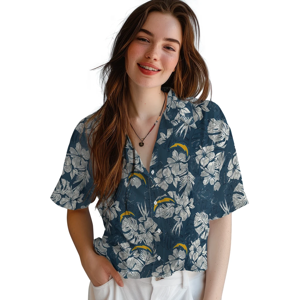 Los Angeles Chargers Hawaiian Shirt - Hibiscus Flowers los angeles chargers hibiscus flowers navy blue hawaiian shirts latest model