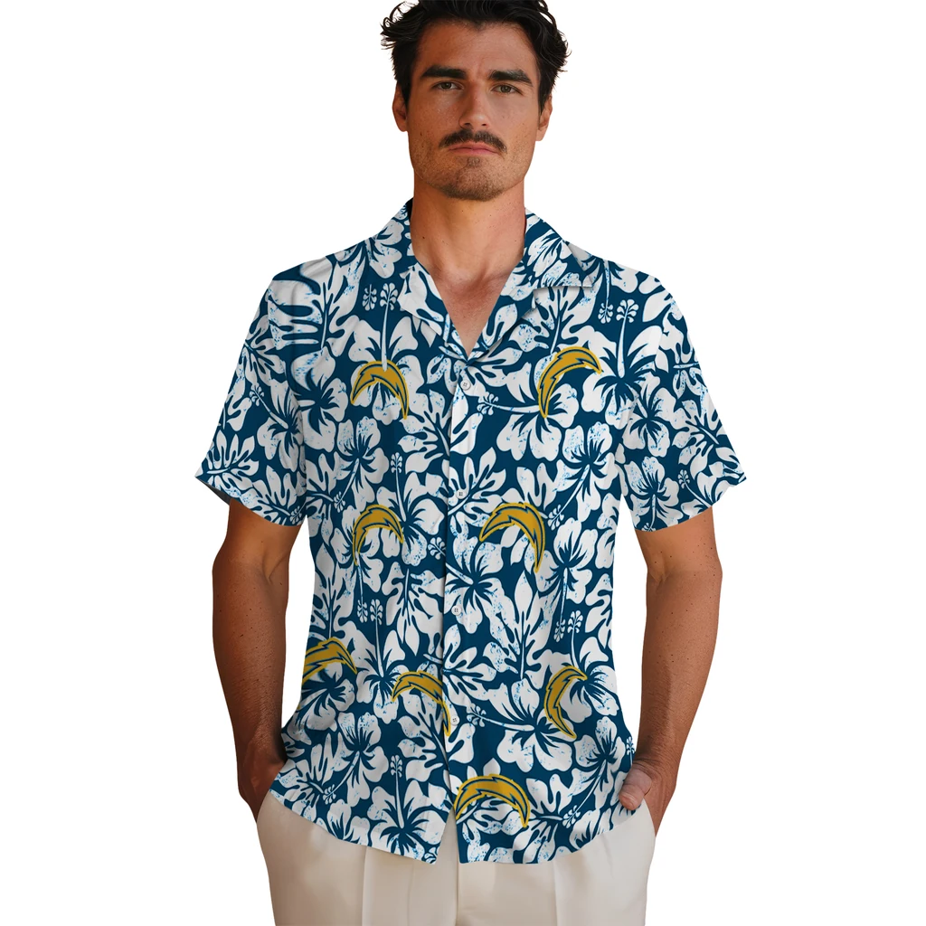Los Angeles Chargers Hawaiian Shirt - Hibiscus Motif los angeles chargers hibiscus motif blue white hawaiian shirts fashion forward