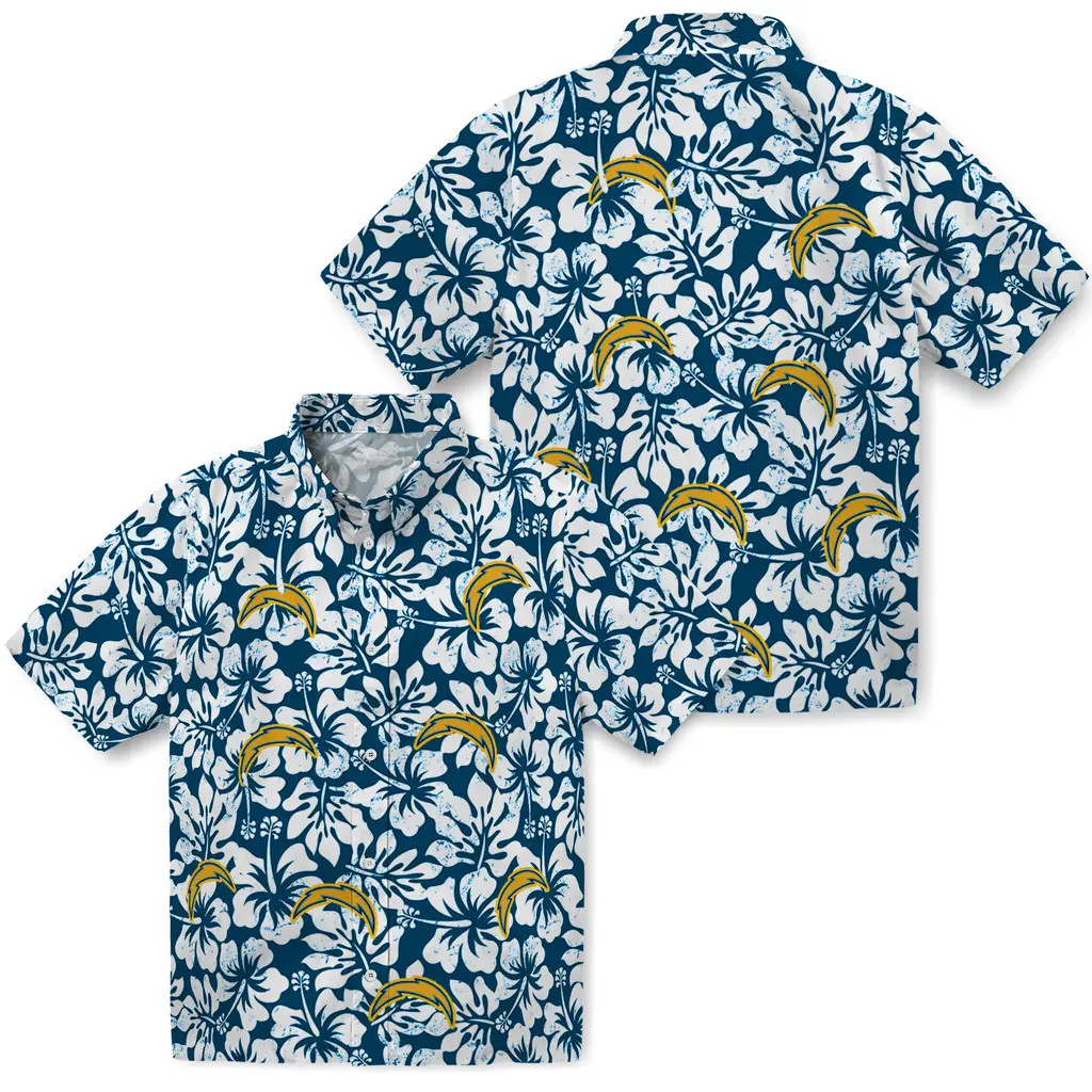 Los Angeles Chargers Hawaiian Shirt - Hibiscus Motif los angeles chargers hibiscus motif blue white hawaiian shirts high quality