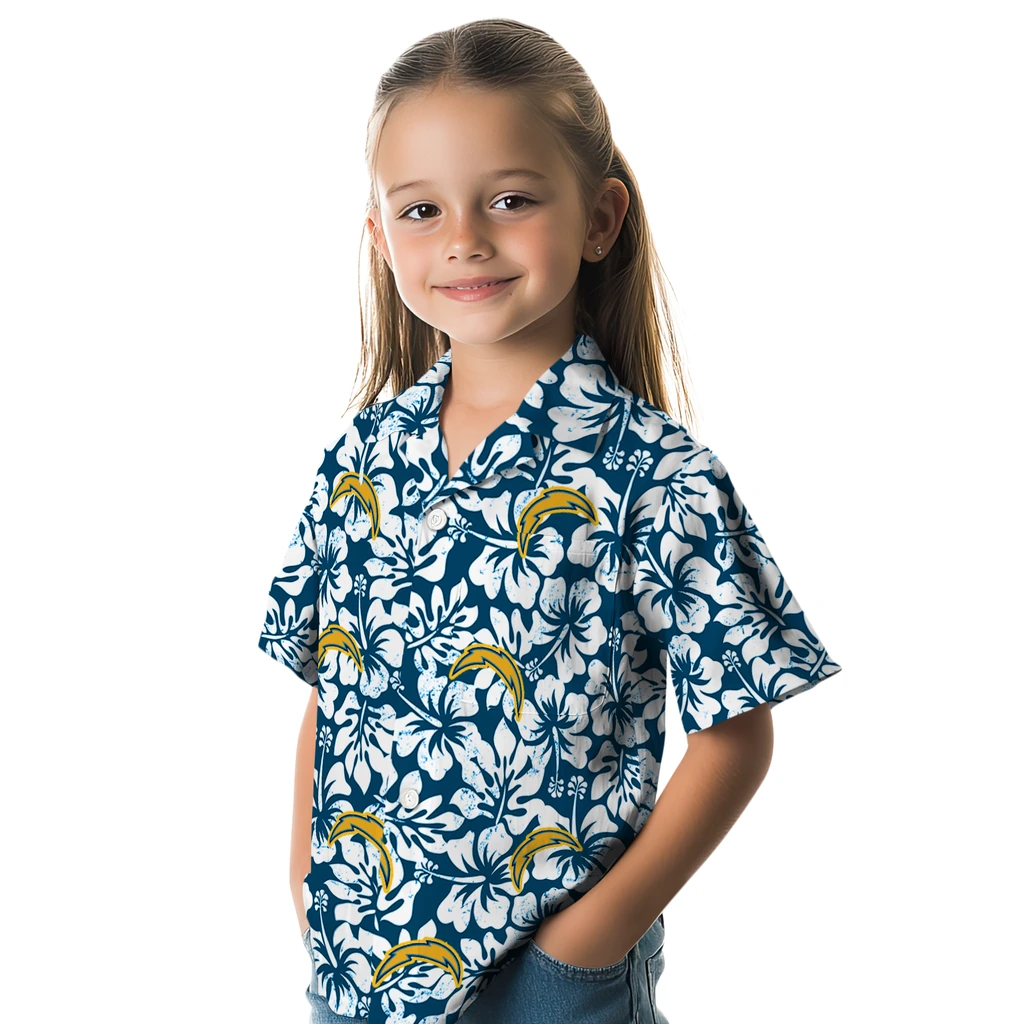Los Angeles Chargers Hawaiian Shirt - Hibiscus Motif los angeles chargers hibiscus motif blue white hawaiian shirts premium grade