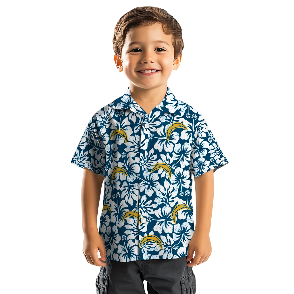 Los Angeles Chargers Hawaiian Shirt - Hibiscus Motif los angeles chargers hibiscus motif blue white hawaiian shirts top rated