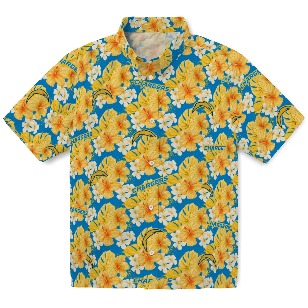 Los Angeles Chargers Hawaiian Shirt - Hibiscus Tropics los angeles chargers hibiscus tropics blue yellow hawaiian shirts best selling