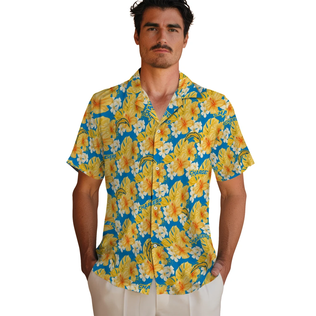 Los Angeles Chargers Hawaiian Shirt - Hibiscus Tropics los angeles chargers hibiscus tropics blue yellow hawaiian shirts fashion forward