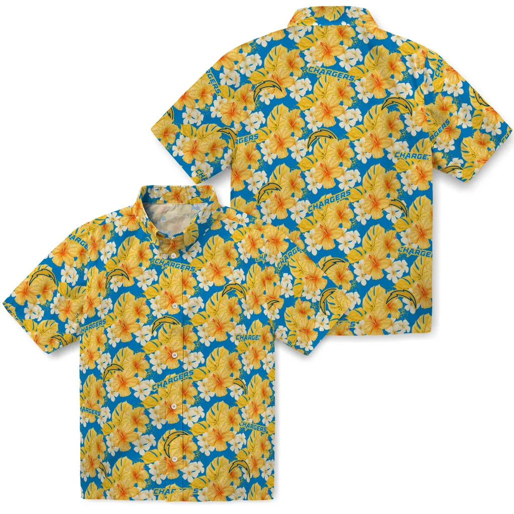 Los Angeles Chargers Hawaiian Shirt - Hibiscus Tropics los angeles chargers hibiscus tropics blue yellow hawaiian shirts high quality
