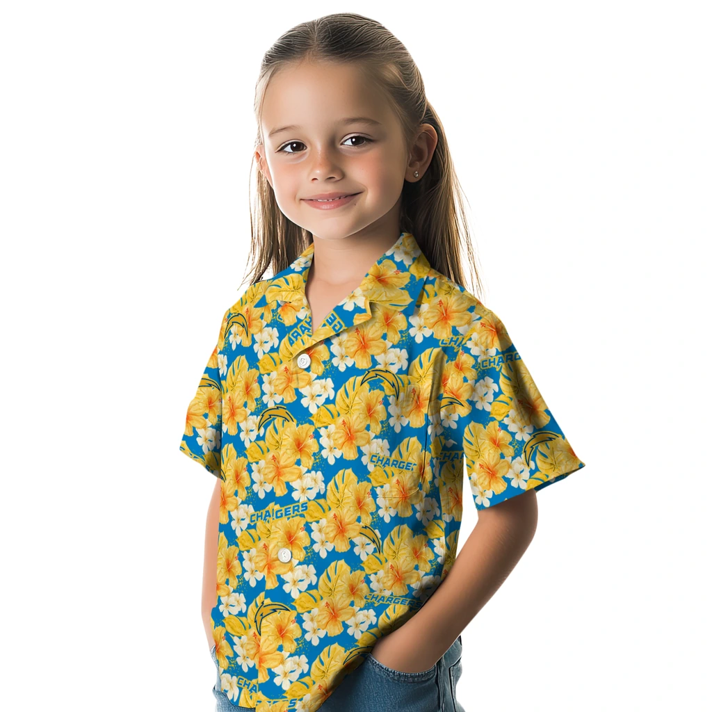 Los Angeles Chargers Hawaiian Shirt - Hibiscus Tropics los angeles chargers hibiscus tropics blue yellow hawaiian shirts premium grade