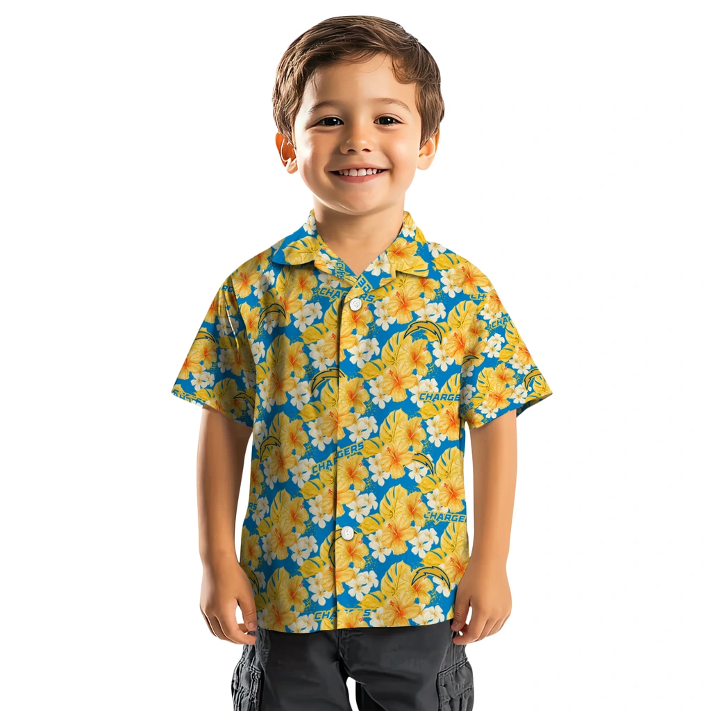 Los Angeles Chargers Hawaiian Shirt - Hibiscus Tropics los angeles chargers hibiscus tropics blue yellow hawaiian shirts top rated