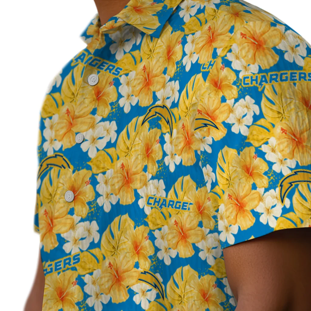 Los Angeles Chargers Hawaiian Shirt - Hibiscus Tropics los angeles chargers hibiscus tropics blue yellow hawaiian shirts trendy