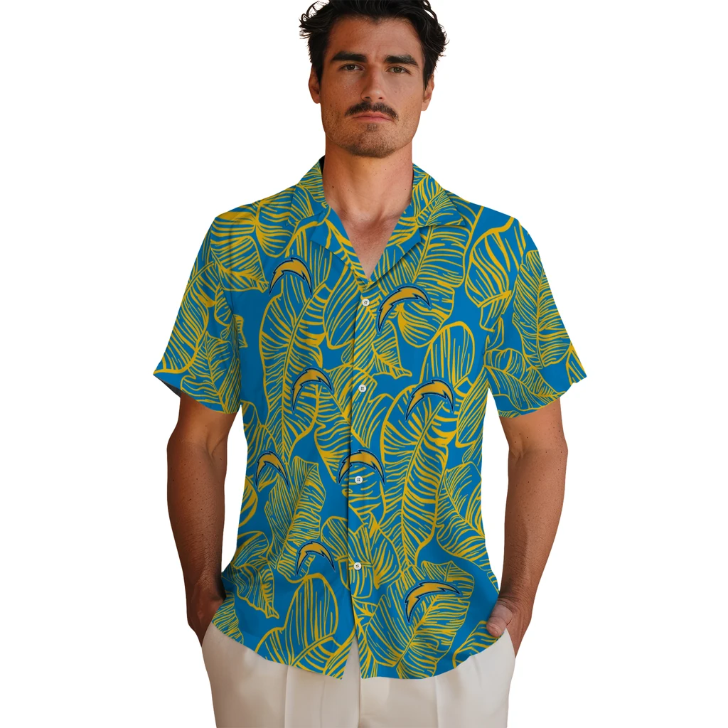 Los Angeles Chargers Hawaiian Shirt - Leaf Outline los angeles chargers leaf outline blue hawaiian shirts fashion forward