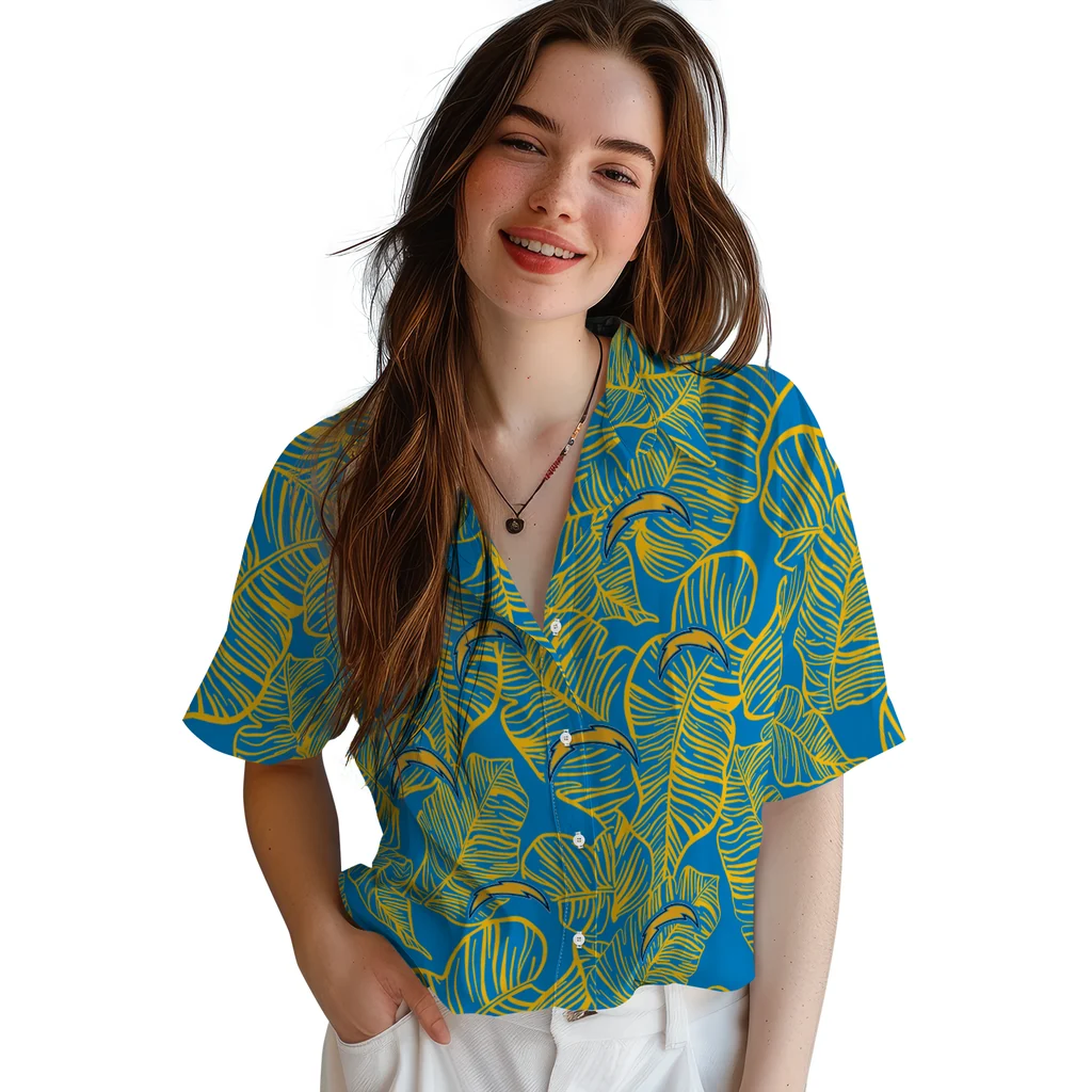 Los Angeles Chargers Hawaiian Shirt - Leaf Outline los angeles chargers leaf outline blue hawaiian shirts latest model