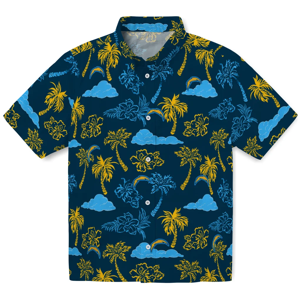 Los Angeles Chargers Hawaiian Shirt - Palm And Clouds los angeles chargers palm and clouds blue hawaiian shirts best selling