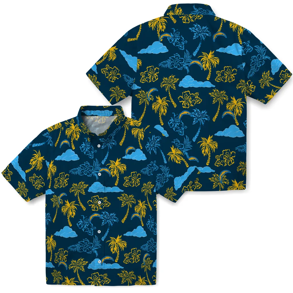 Los Angeles Chargers Hawaiian Shirt - Palm And Clouds los angeles chargers palm and clouds blue hawaiian shirts high quality