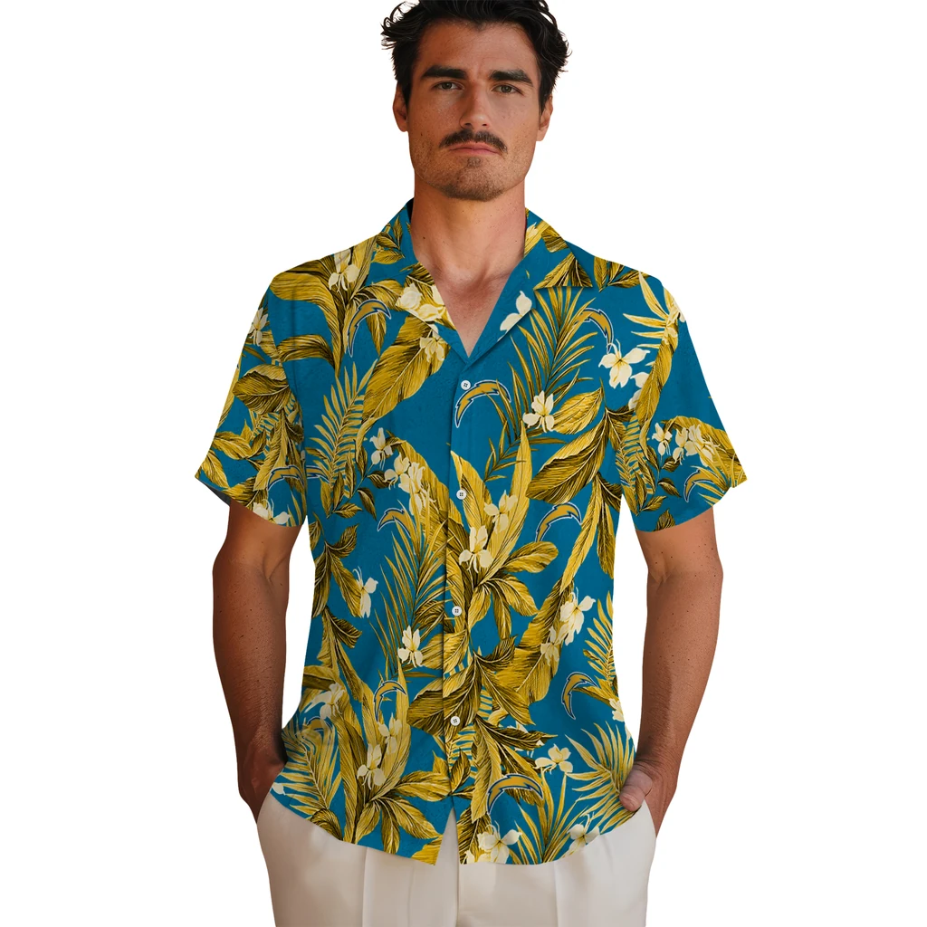 Los Angeles Chargers Hawaiian Shirt - Palm Leaves los angeles chargers palm leaves blue hawaiian shirts fashion forward