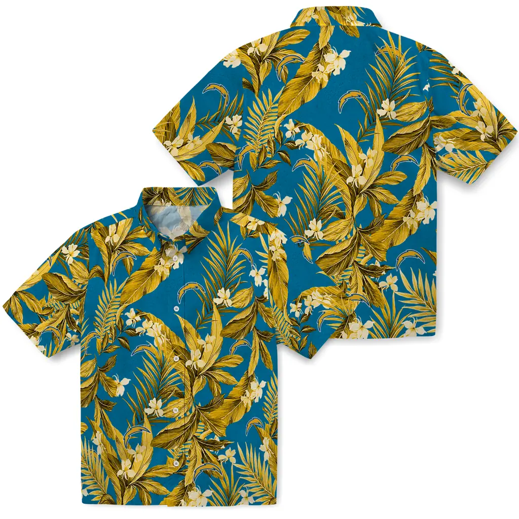 Los Angeles Chargers Hawaiian Shirt - Palm Leaves los angeles chargers palm leaves blue hawaiian shirts high quality