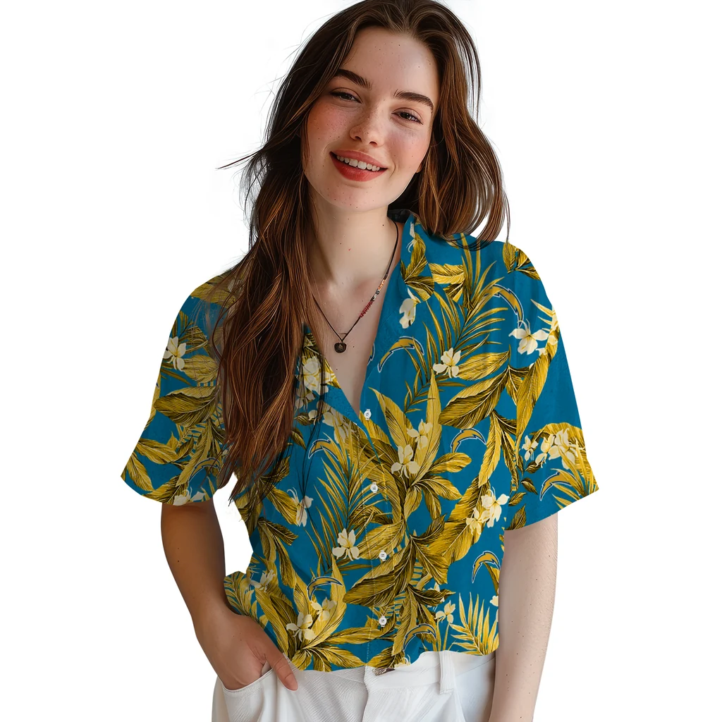 Los Angeles Chargers Hawaiian Shirt - Palm Leaves los angeles chargers palm leaves blue hawaiian shirts latest model