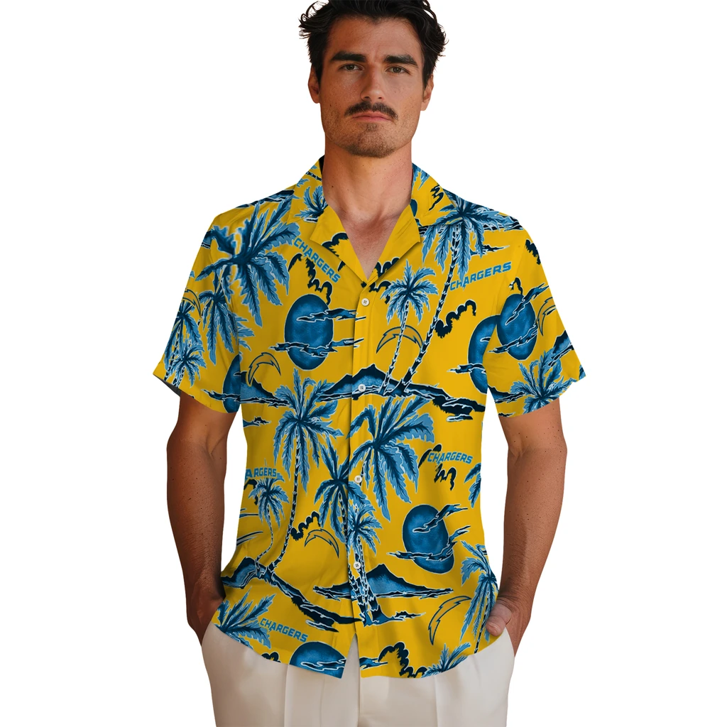 Los Angeles Chargers Hawaiian Shirt - Palm Sunset los angeles chargers palm sunset hawaiian shirts fashion forward