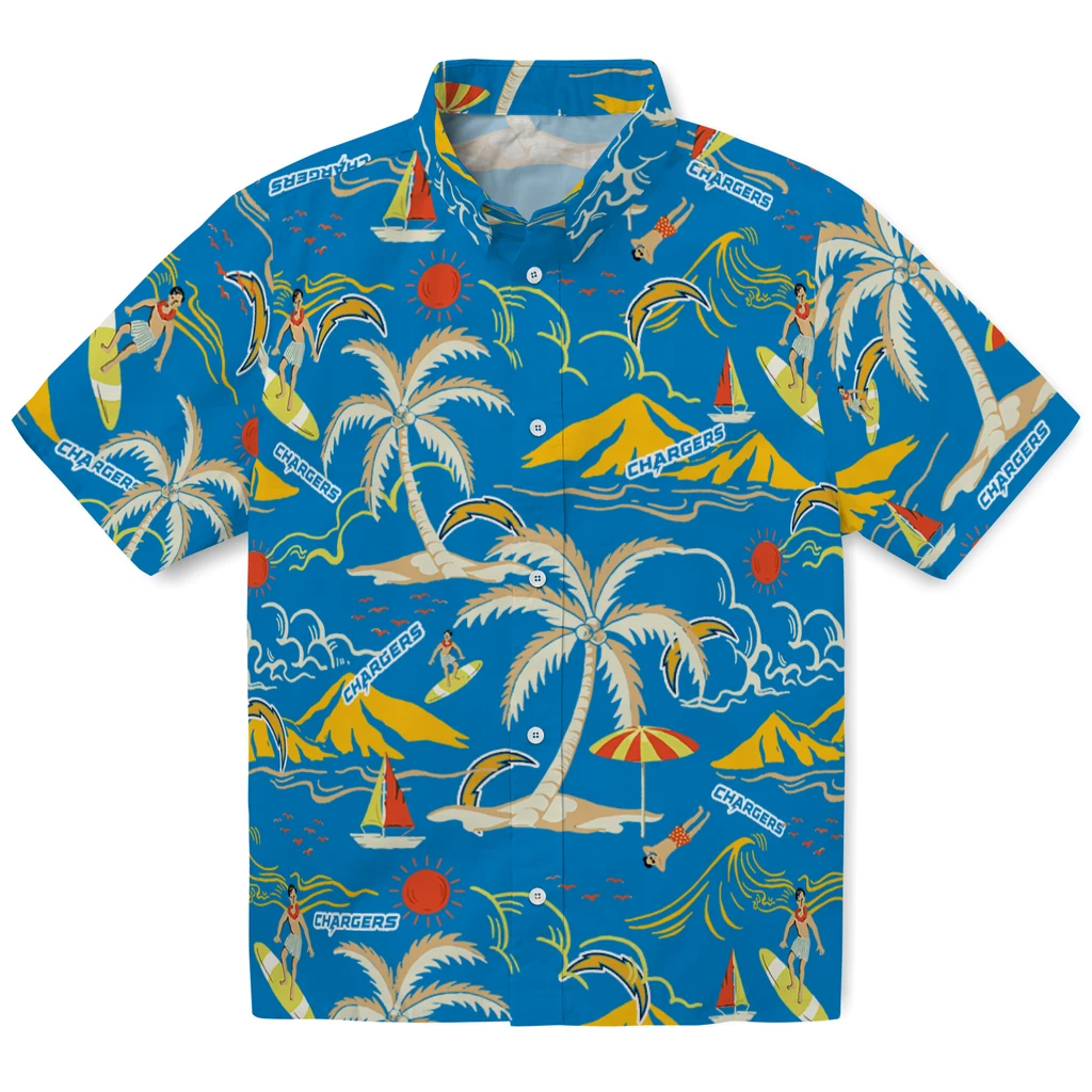 Los Angeles Chargers Hawaiian Shirt - Palm Tree Island los angeles chargers palm tree island blue hawaiian shirts best selling