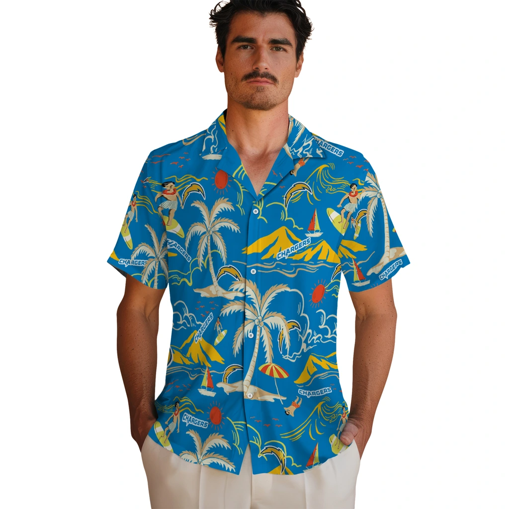 Los Angeles Chargers Hawaiian Shirt - Palm Tree Island los angeles chargers palm tree island blue hawaiian shirts fashion forward