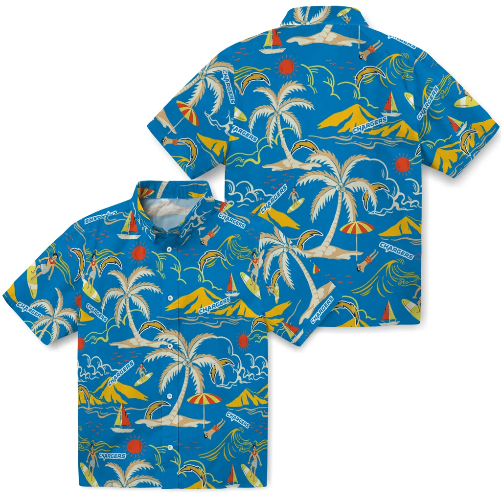 Los Angeles Chargers Hawaiian Shirt - Palm Tree Island los angeles chargers palm tree island blue hawaiian shirts high quality