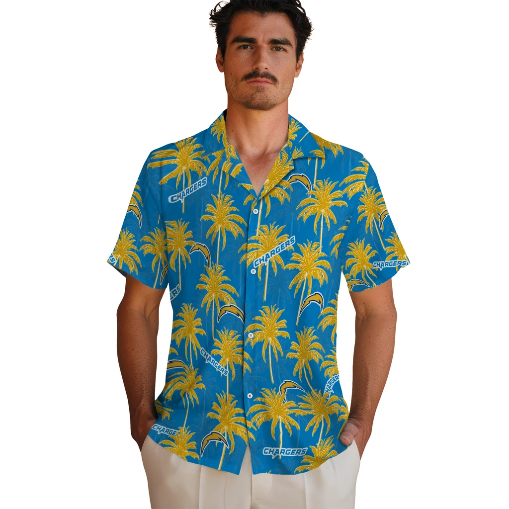 Los Angeles Chargers Hawaiian Shirt - Palm Tree Motif los angeles chargers palm grove blue hawaiian shirts fashion forward