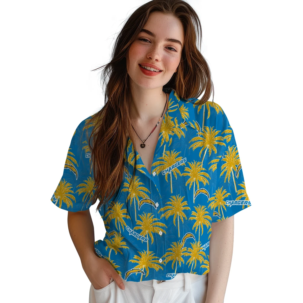 Los Angeles Chargers Hawaiian Shirt - Palm Tree Motif los angeles chargers palm grove blue hawaiian shirts latest model