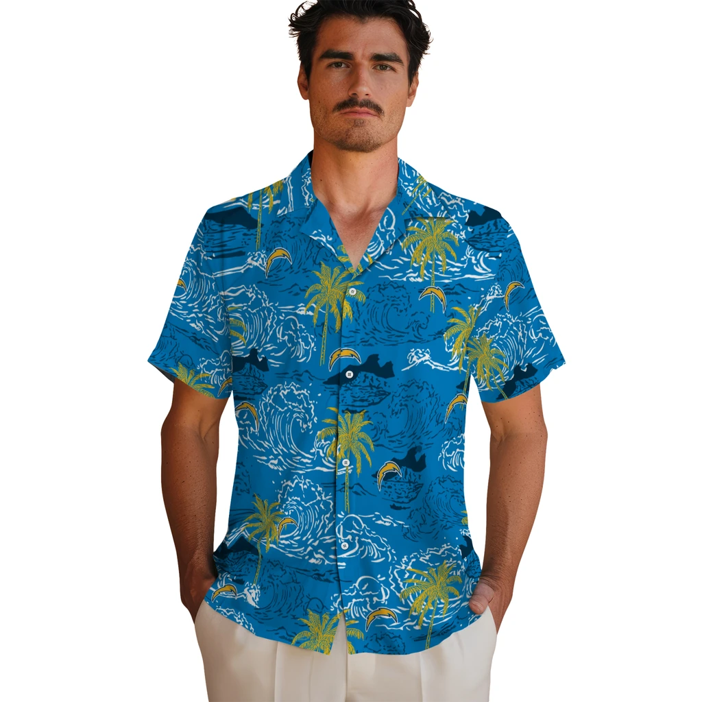 Los Angeles Chargers Hawaiian Shirt - Wave Palm los angeles chargers wave palm blue hawaiian shirts fashion forward