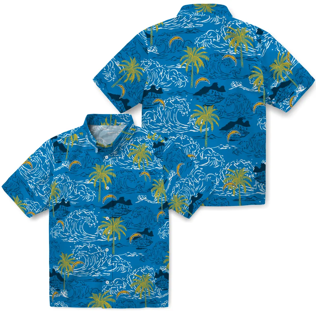 Los Angeles Chargers Hawaiian Shirt - Wave Palm los angeles chargers wave palm blue hawaiian shirts high quality
