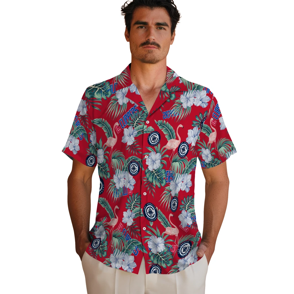 Los Angeles Clippers Hawaiian Shirt - Flamingo and Hibiscus los angeles clippers flamingo palms red hawaiian shirts fashion forward