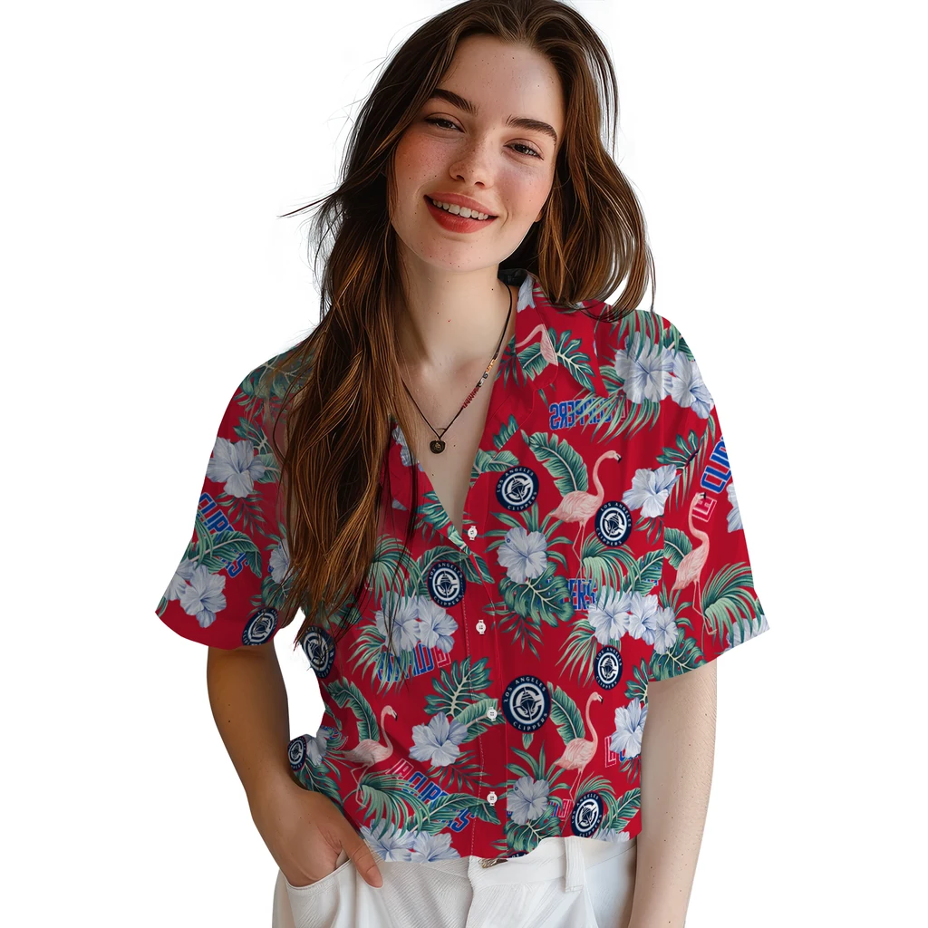 Los Angeles Clippers Hawaiian Shirt - Flamingo and Hibiscus los angeles clippers flamingo palms red hawaiian shirts latest model