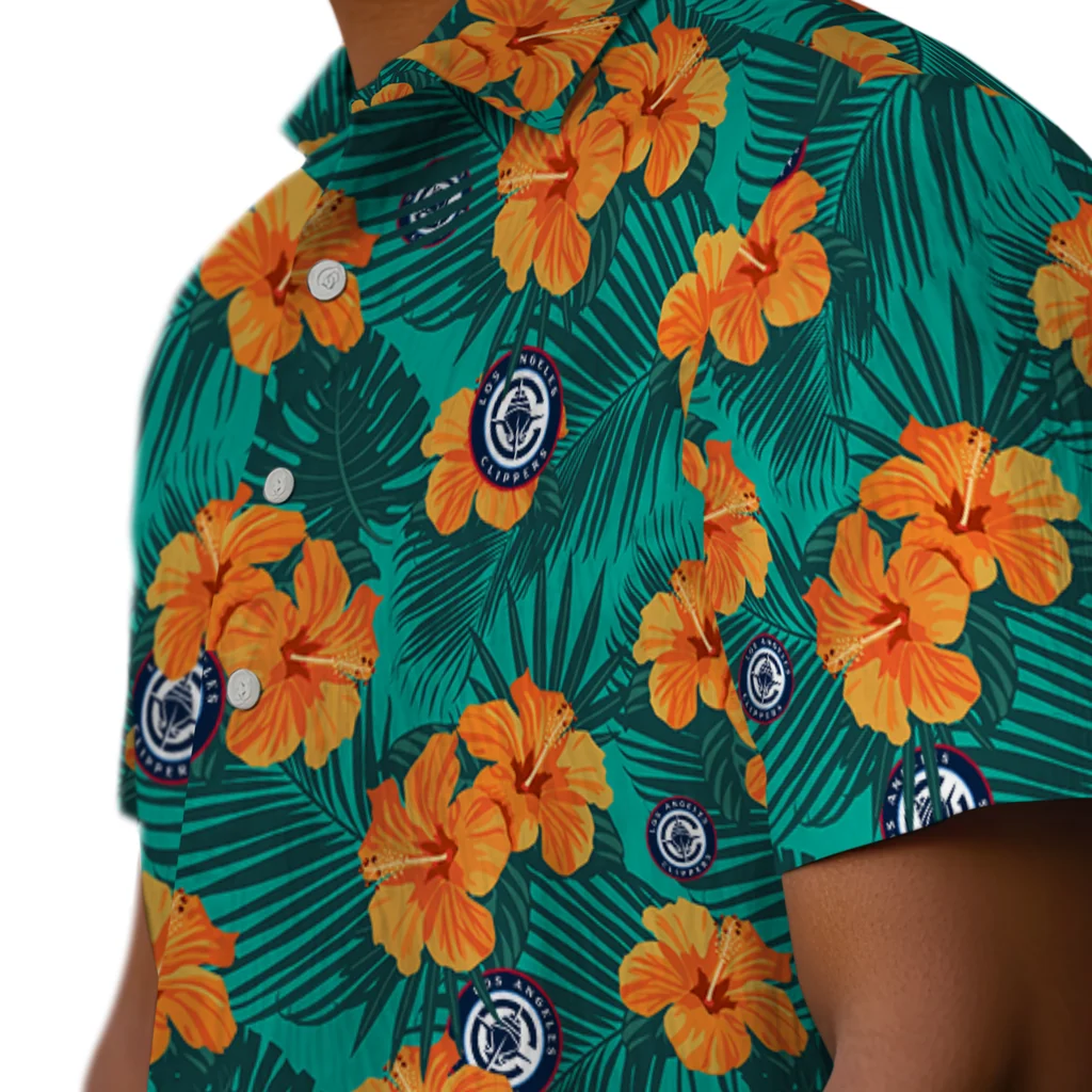 Los Angeles Clippers Hawaiian Shirt - Hibiscus and Palm Leaves los angeles clippers hibiscus escape green hawaiian shirts trendy