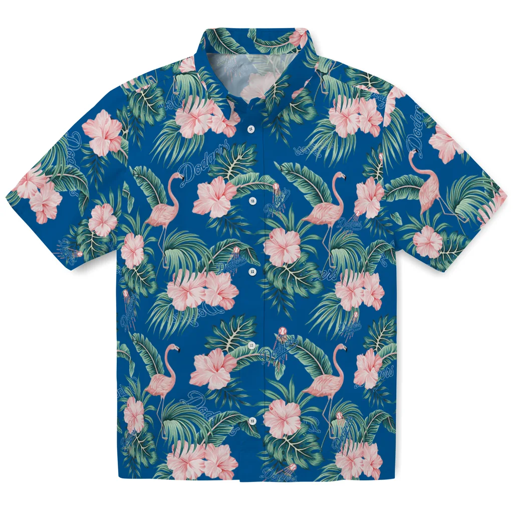 Los Angeles Dodgers Hawaiian Shirt - Flamingo and Hibiscus los angeles dodgers flamingo palms blue hawaiian shirts best selling