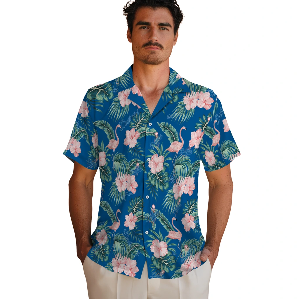 Los Angeles Dodgers Hawaiian Shirt - Flamingo and Hibiscus los angeles dodgers flamingo palms blue hawaiian shirts fashion forward