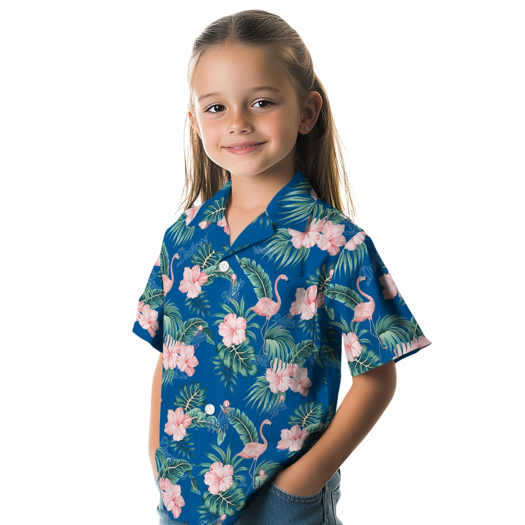 Los Angeles Dodgers Hawaiian Shirt - Flamingo and Hibiscus los angeles dodgers flamingo palms blue hawaiian shirts premium grade
