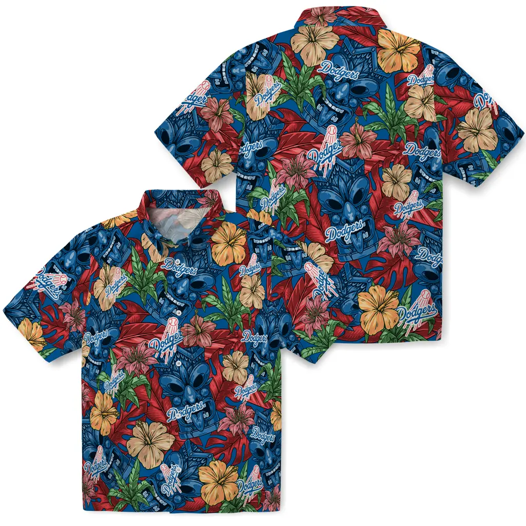 Los Angeles Dodgers Hawaiian Shirt - Hibiscus Tiki Jungle los angeles dodgers tiki jungle blue hawaiian shirts high quality