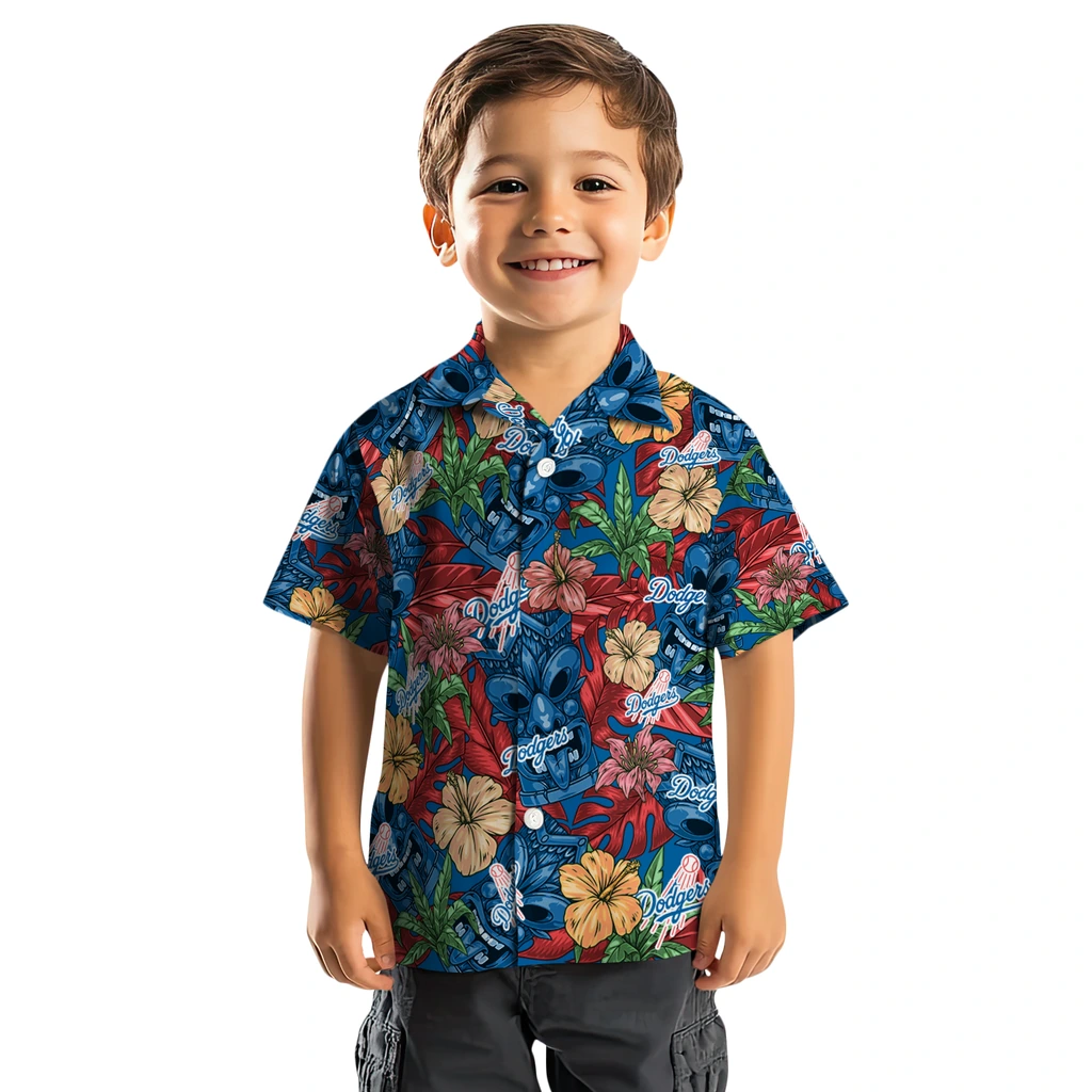 Los Angeles Dodgers Hawaiian Shirt - Hibiscus Tiki Jungle los angeles dodgers tiki jungle blue hawaiian shirts top rated