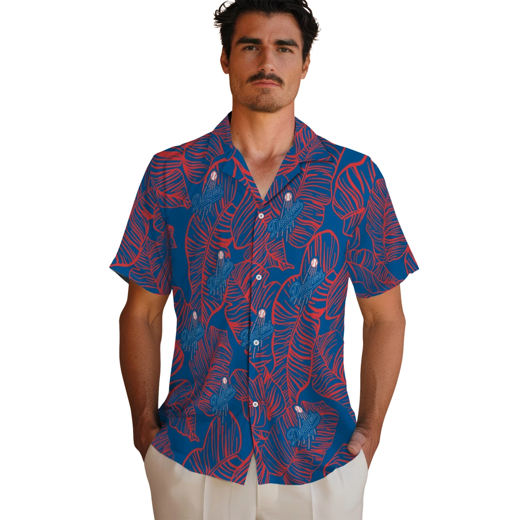 Los Angeles Dodgers Hawaiian Shirt - Leaf Outline los angeles dodgers leaf outline blue hawaiian shirts fashion forward