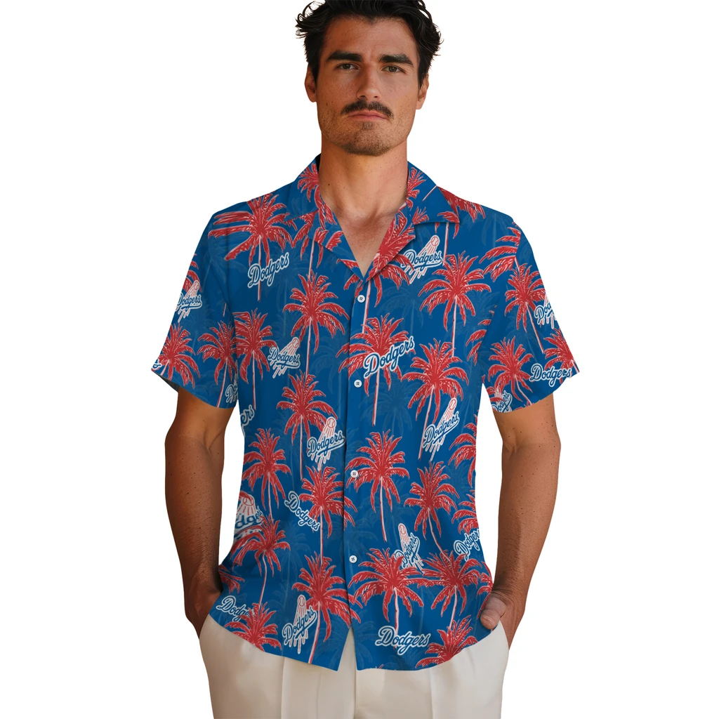 Los Angeles Dodgers Hawaiian Shirt - Palm Tree Motif los angeles dodgers palm grove blue hawaiian shirts fashion forward