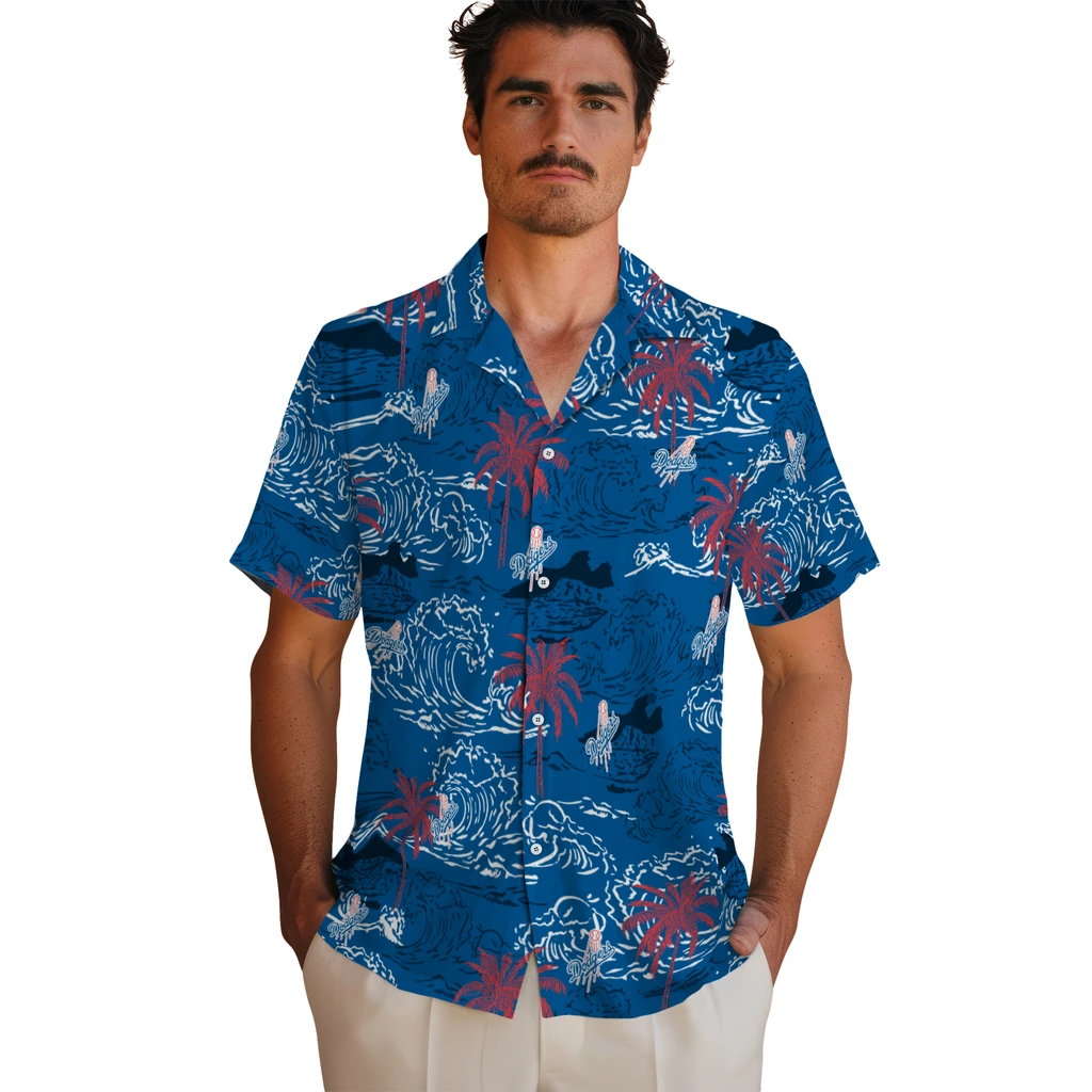 Los Angeles Dodgers Hawaiian Shirt - Wave Palm los angeles dodgers wave palm blue hawaiian shirts fashion forward