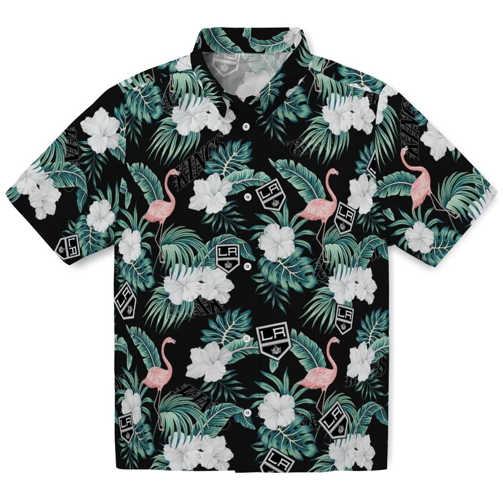 Los Angeles Kings Hawaiian Shirt - Flamingo and Hibiscus los angeles kings flamingo palms black hawaiian shirts best selling